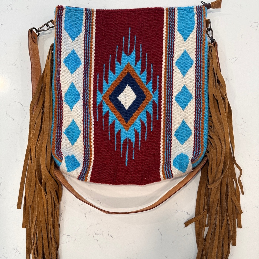 American Darling Fringed Aztec-Pattern Crossbody Bag in Burgundy and Turquoise